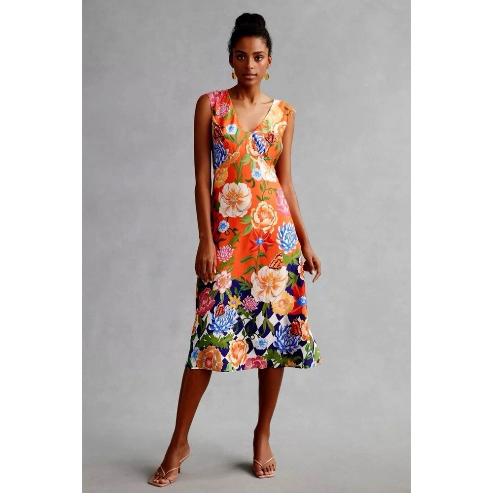 NWT Anthropologie Painterly Open-Back Midi Dress Orange Floral Butterfly 8‎